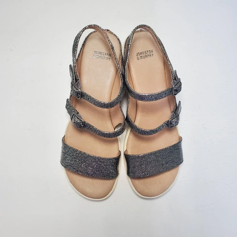 Johnston & Murphy Women Metallic Silver Wedge Platform Sandal Buckle Ankle Strap